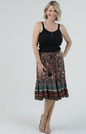 Floral Print Ruffle Hem Skirt, Black-Green