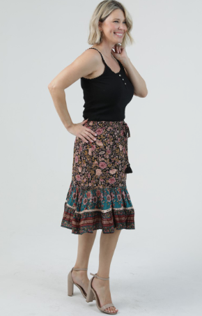 Floral Print Ruffle Hem Skirt, Black-Green