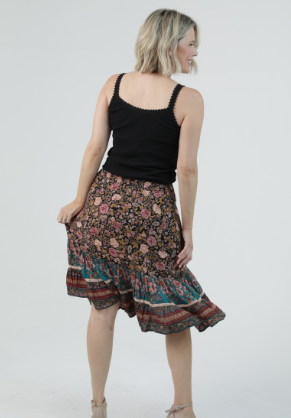 Floral Print Ruffle Hem Skirt, Black-Green