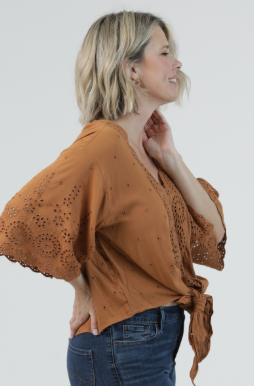 Crochet Tie Front Blouse, Tan