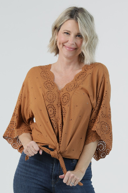 Crochet Tie Front Blouse, Tan