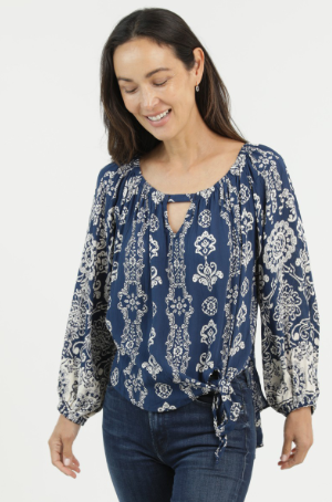 Navy Print Side Tie Top, Navy Blue