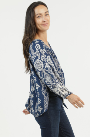 Navy Print Side Tie Top, Navy Blue