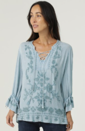 Ruffle Sleeve Lace Up Neck Top, Light Blue