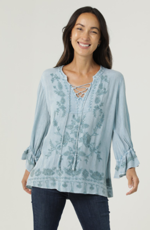 Ruffle Sleeve Lace Up Neck Top, Light Blue