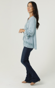 Ruffle Sleeve Lace Up Neck Top, Light Blue