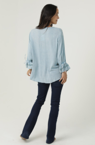 Ruffle Sleeve Lace Up Neck Top, Light Blue