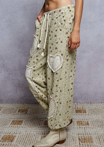 Side view of POL Floral Print Patch Jogger Pants, Pale Mint from Beach Gypsy in Berlin, MD