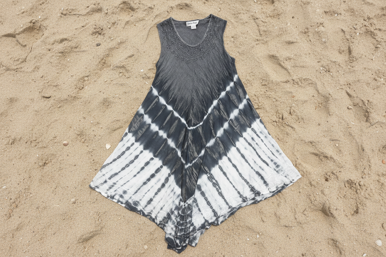 Tie-dye dress on a sandy surface