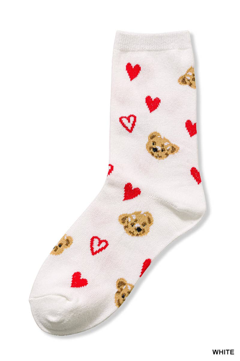 White sock with teddy bear and heart patterns on a white background