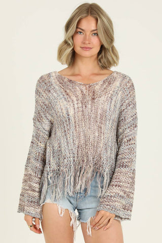 V-Neck Fringe Hem Pullover Sweater