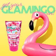 Pink flamingo pool float with a bottle of sunscreen labeled 'Glamorose' on a yellow background.