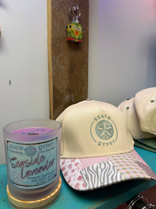 Beach Gypsy Patchwork Trucker Hat - Sand Dollar Embroidered Boho Cap shown front-facing to display its embroidered patch and two-tone panel design