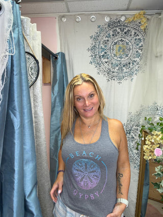 Beach Gypsy Tank laid flat or shown on a model, highlighting its boho fabric and neckline