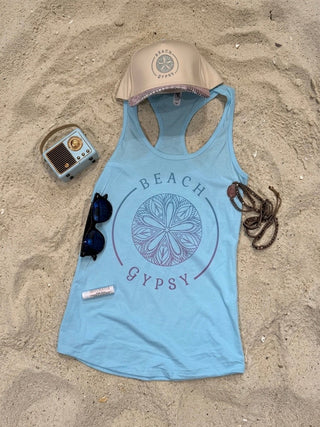 Beach Gypsy Tank laid flat or shown on a model, highlighting its boho fabric and neckline