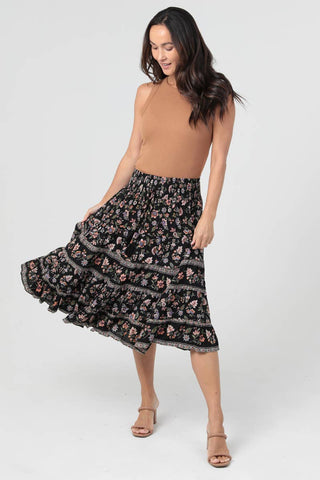 Black Floral Elastic Waist Skirt - Beach Gypsy