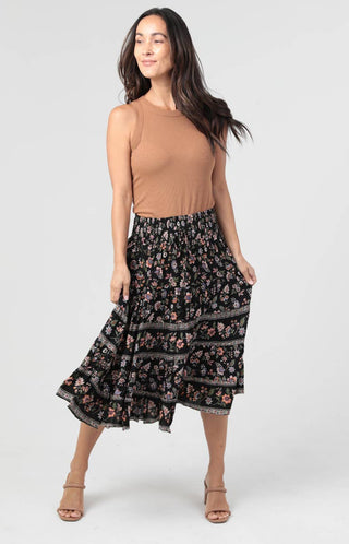 Black Floral Elastic Waist Skirt - Beach Gypsy