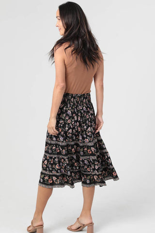 Black Floral Elastic Waist Skirt - Beach Gypsy