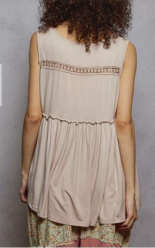 Boho Babydoll V-Neck Tank Top laid flat or shown on a model, highlighting its boho fabric and neckline