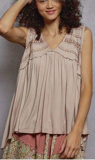 Boho Babydoll V-Neck Tank Top laid flat or shown on a model, highlighting its boho fabric and neckline