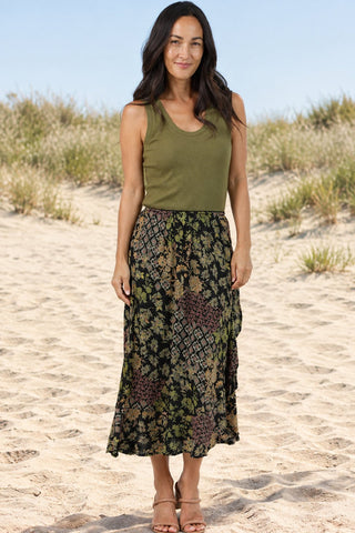 Boho Printed Midi Skirt with Side Ruffle Slit - Beach Gypsy