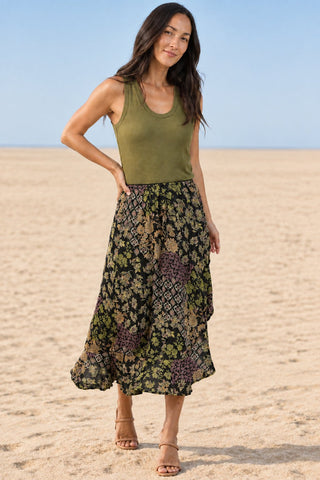 Boho Printed Midi Skirt with Side Ruffle Slit - Beach Gypsy