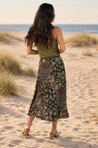Boho Printed Midi Skirt with Side Ruffle Slit - Beach Gypsy
