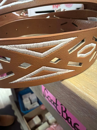 Brown Geometric Embroidered Belt - Beach Gypsy