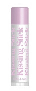 Kissing Stick lip balm with purple cap and white label on a white background