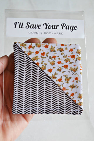 Corner Fabric Bookmark laid flat, showing its fabric pattern and corner design