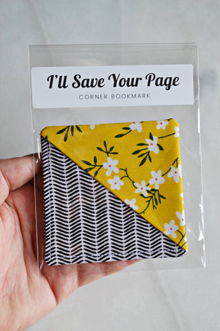 Corner Fabric Bookmark laid flat, showing its fabric pattern and corner design