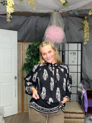 Crochet Lace Trim Bell Sleeve Printed Blouse - Beach Gypsy