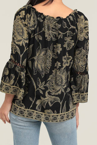 CROCHET TRIM BELL SLEEVE PRINTED BLOUSE - Beach Gypsy