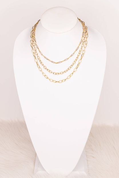 Cybil Gold Layered Necklace — Three-Strand Beaded & Chain Link Set