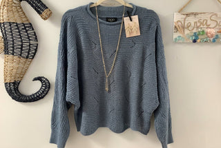 Dusty Blue Scalloped Hem Roll Neck Sweater - Beach Gypsy