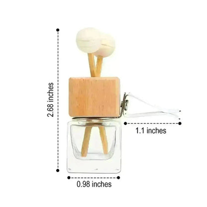 Clear glass diffuser bottle with wooden components and dimensions labeled on a white background
