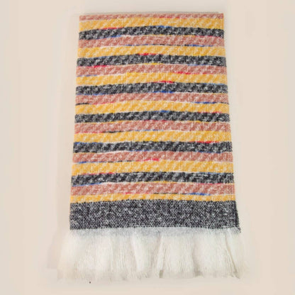 Striped woven rug with multicolor pattern on a plain background
