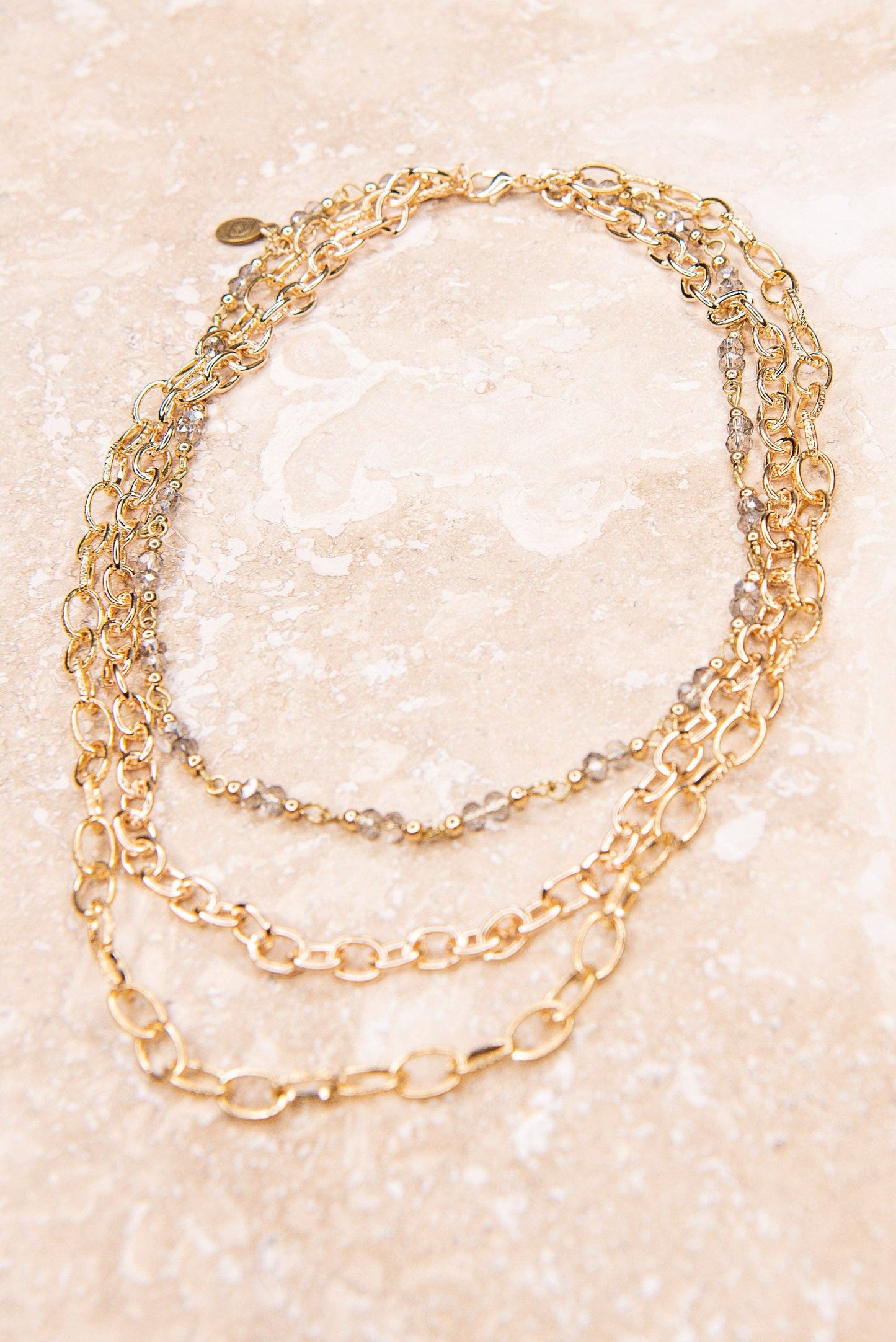 Cybil Gold Layered Necklace — Three-Strand Beaded & Chain Link Set