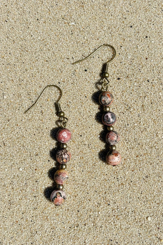 Elyse Rhodonite Stone Bead Dangle Earrings — Natural Pink Stone - Beach Gypsy