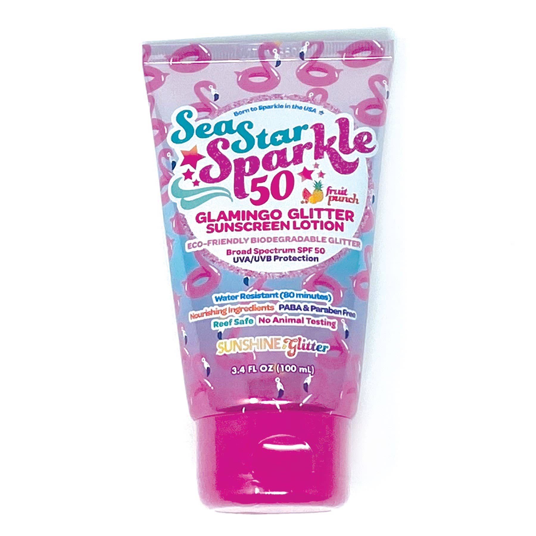 Sea Star Sparkle sunscreen lotion with pink and purple design on a white background