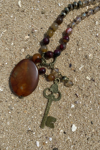 Fire Agate & Key Charm Beaded Necklace - Beach Gypsy