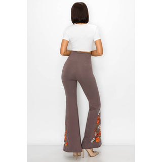 Floral Embroidery Flare Leg Foldover Waist Pants - Beach Gypsy