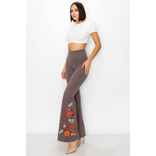 Floral Embroidery Flare Leg Foldover Waist Pants - Beach Gypsy