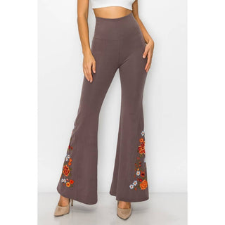 Floral Embroidery Flare Leg Foldover Waist Pants - Beach Gypsy