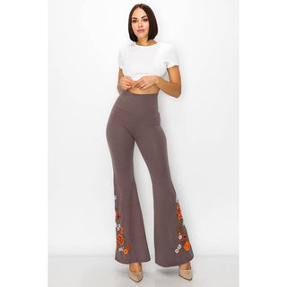Floral Embroidery Flare Leg Foldover Waist Pants - Beach Gypsy