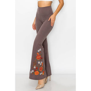 Floral Embroidery Flare Leg Foldover Waist Pants - Beach Gypsy
