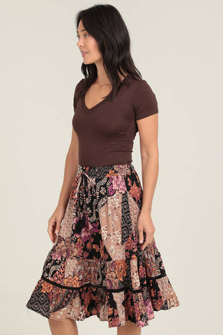 Floral Patchwork Print Elastic Waist Midi Skirt - Beach Gypsy
