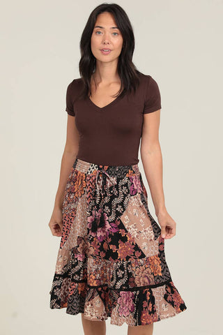 Floral Patchwork Print Elastic Waist Midi Skirt - Beach Gypsy
