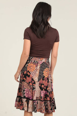Floral Patchwork Print Elastic Waist Midi Skirt - Beach Gypsy