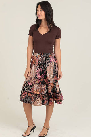 Floral Patchwork Print Elastic Waist Midi Skirt - Beach Gypsy